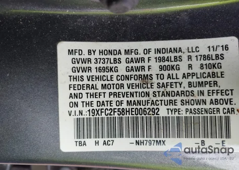 2017 Honda Civic Lx из США, поврежденный, VIN 19XFC2F58HE006292